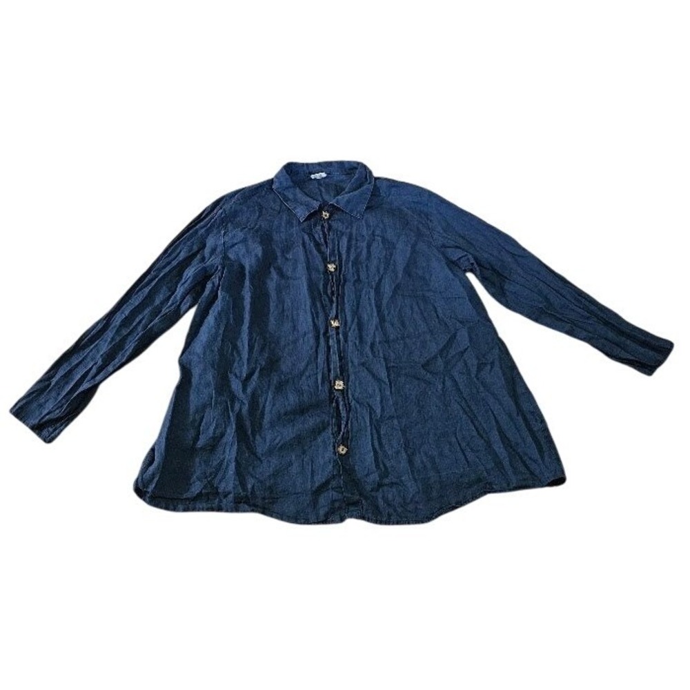 CP Shades Sausalito Blue 100% Linen Button Down Shirt Women Large Indigo Dye